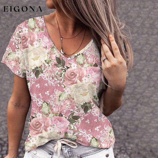 Floral Casual T-Shirt Pink best Best Sellings clothes Plus Size Sale tops Topseller