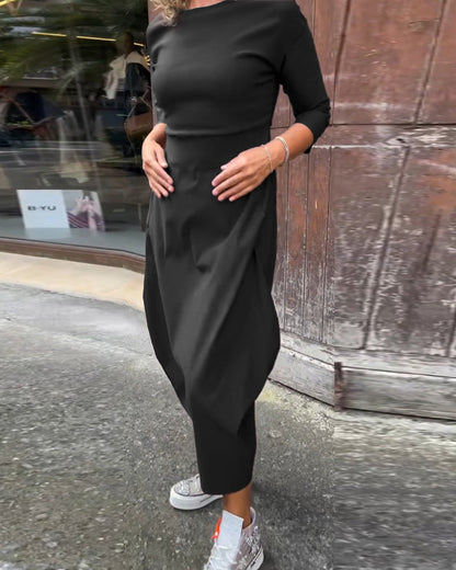 Abito elegante semplice a maniche lunghe con tasca in tinta unita