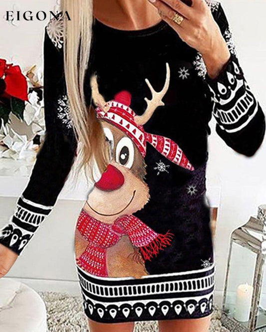 Christmas Moose Print Dress Black 23BF casual dresses christmas Clothes Dresses