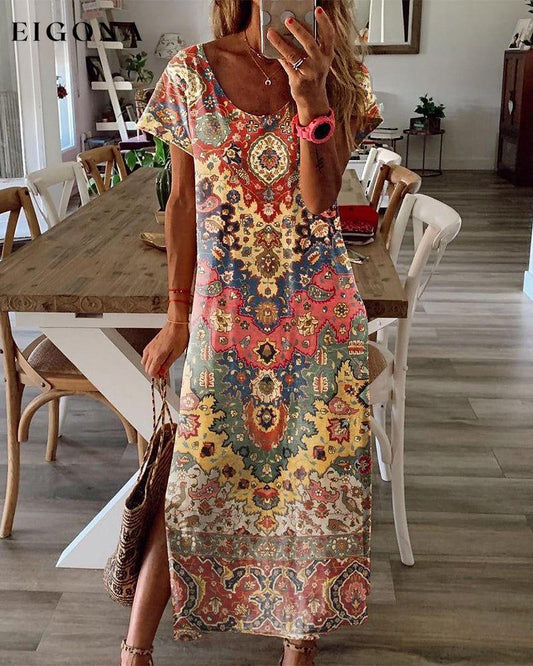 Round neck printed slit dress Red 23BF Casual Dresses Clothes Dresses SALE Spring Summer