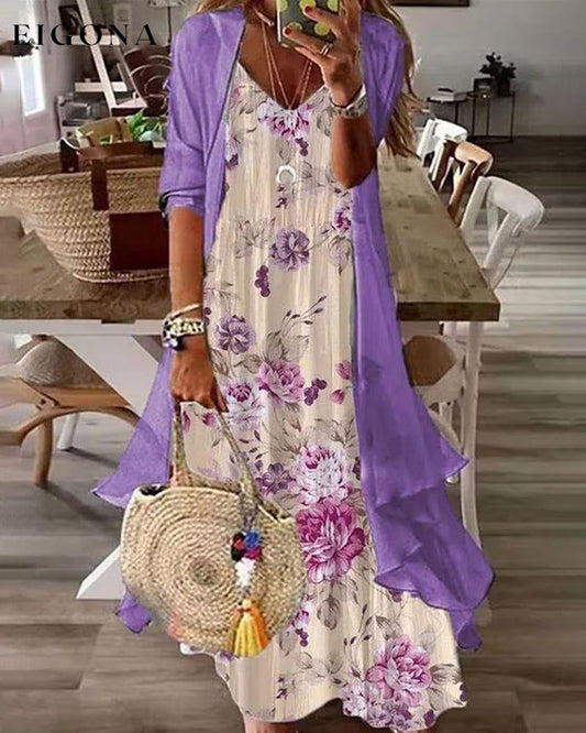 Vacation dress in floral print Purple 23BF Casual Dresses Clothes Dresses Spring Summer Two-Piece Sets