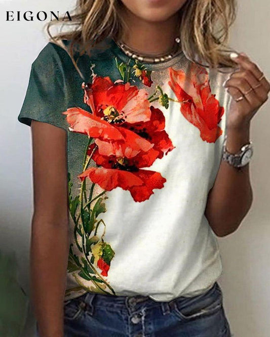 Round neck floral print short sleeve t-shirt Green 23BF clothes Short Sleeve Tops Summer T-shirts Tops/Blouses