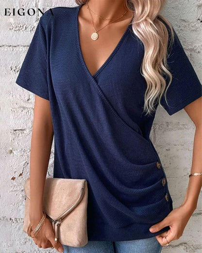 V Neck Front Cross Button Detail T-Shirt Navy Blue 23BF clothes SALE Short Sleeve Tops Spring Summer T-shirts Tops/Blouses