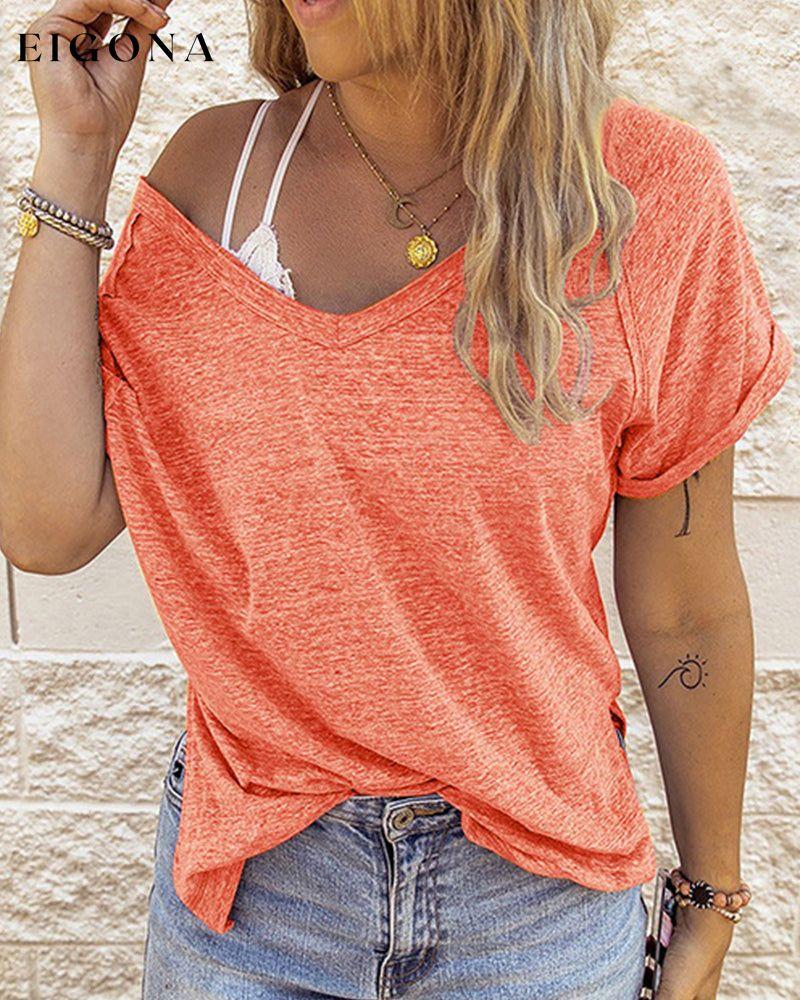 Solid color V-neck t-shirt Orange 23BF clothes Short Sleeve Tops Summer T-shirts Tops/Blouses