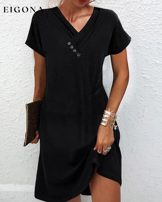 Elegant solid color V-neck short-sleeved dress Black 23BF Casual Dresses Clothes Dresses Spring Summer