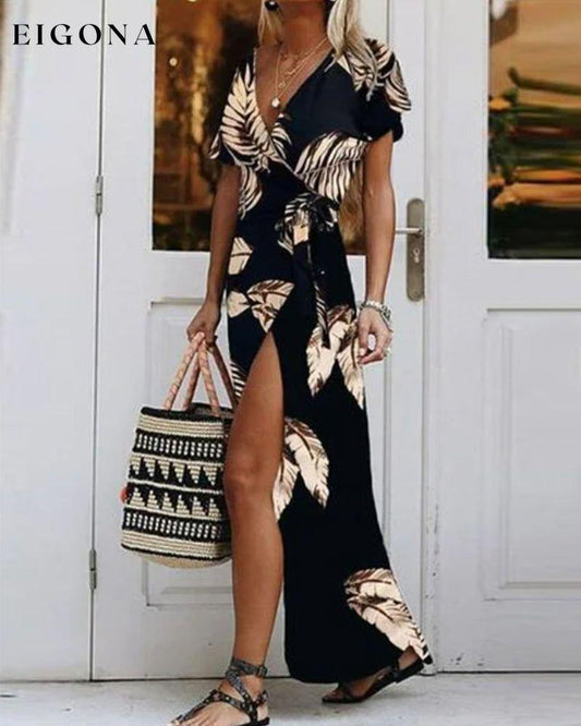 Short sleeve front slit printed dress Black 23BF Casual Dresses Clothes Dresses Summer