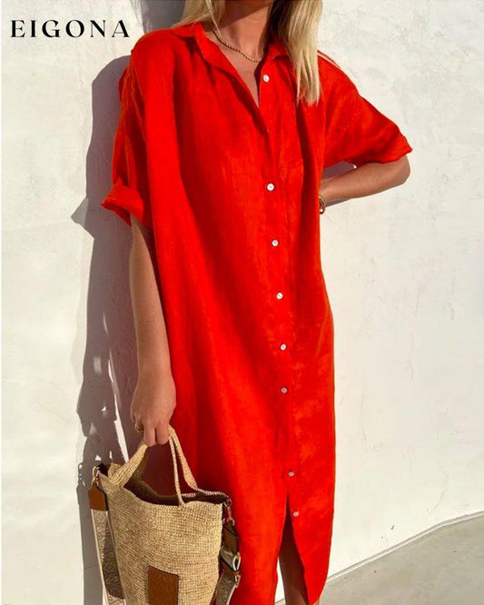 Cotton solid color shirt dress Red 23BF Casual Dresses Clothes Cotton and Linen Dresses Spring Summer