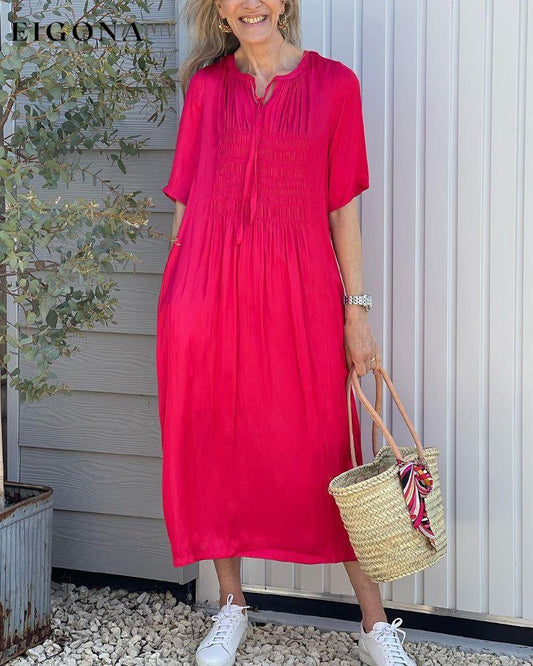 Red Pleated V-Neck Dress Red 23BF Casual Dresses Clothes Dresses Summer