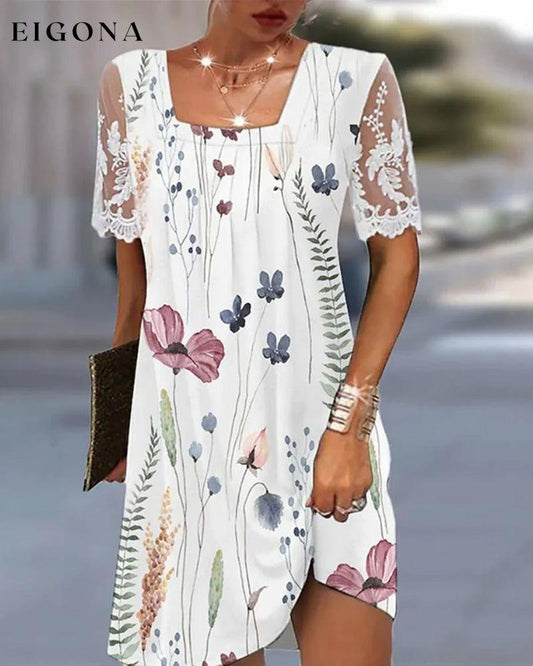 Floral Print Lace Sleeve Dress White 23BF Casual Dresses Clothes Dresses Spring Summer