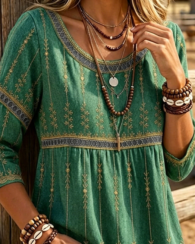 Round Neck 3/4 Sleeve Retro Blouse