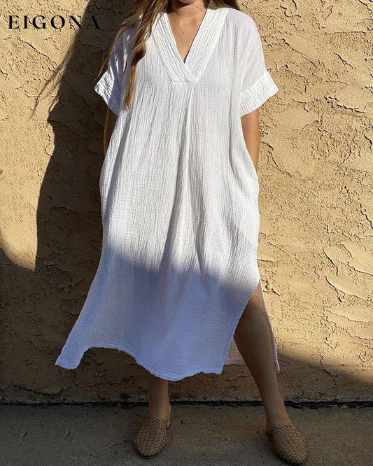 V-neck short sleeves slit dress White 23BF Casual Dresses Clothes Dresses Summer