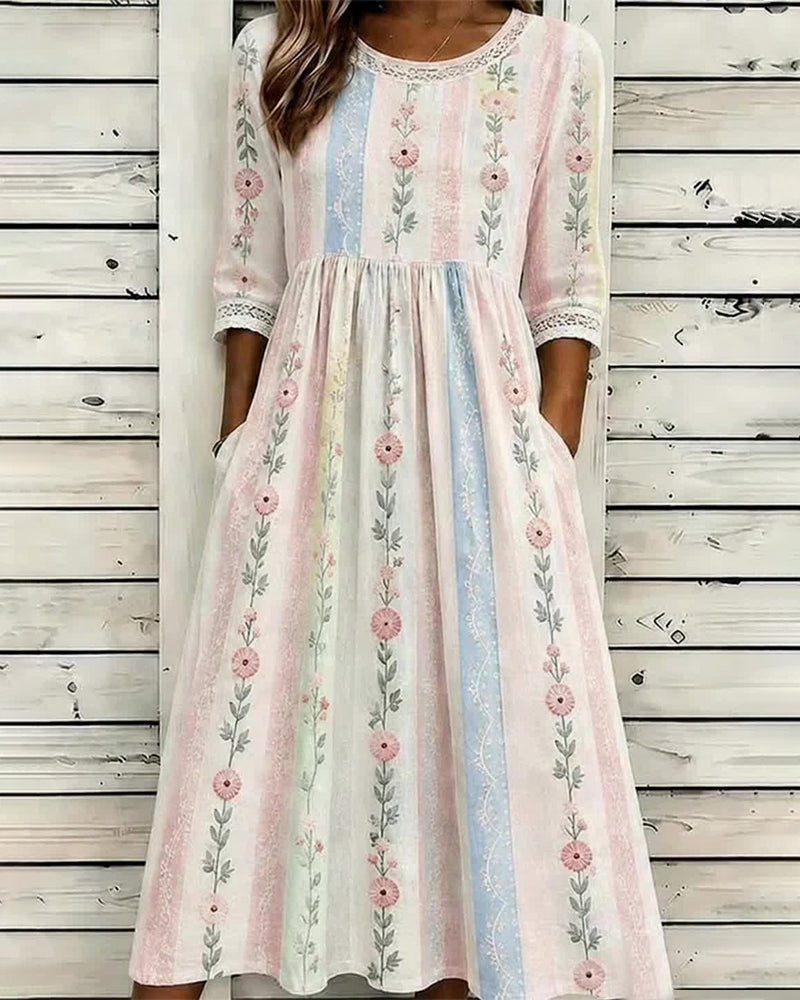 Floral Stripe Color-Block A-Line Dress