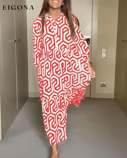 Geometric Print Nine Points Sleeve Dress Red 23BF Casual Dresses Clothes Dresses Spring Summer
