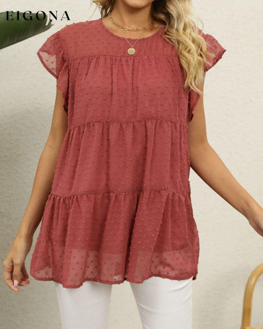 Ruffle Sleeve Blouse in Solid Color Red 23BF clothes Short Sleeve Tops Spring Summer T-shirts Tops/Blouses