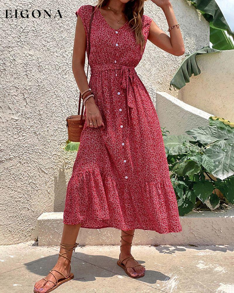 Floral Print Vacation Dress with Short Sleeves Red 23BF Casual Dresses Clothes Dresses Spring Summer Vacation Dresses