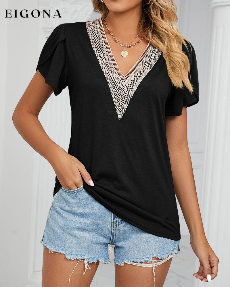 Solid Color T-Shirt with Ruffle Sleeves Black 23BF clothes Short Sleeve Tops Spring Summer T-shirts Tops/Blouses