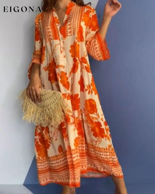 Fallen leaves print casual long dress Orange 23BF Casual Dresses Clothes Dresses Spring Summer