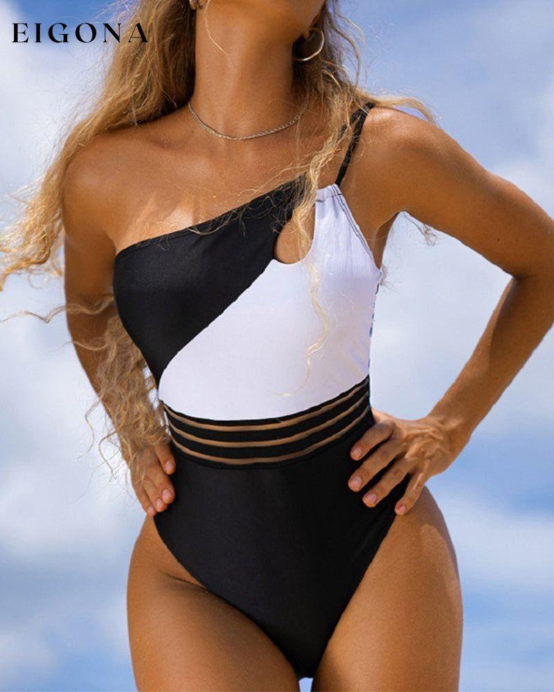 Color Block One Shoulder One-piece Swimsuit Black 23BF Clothes One-Piece Summer Swimwear