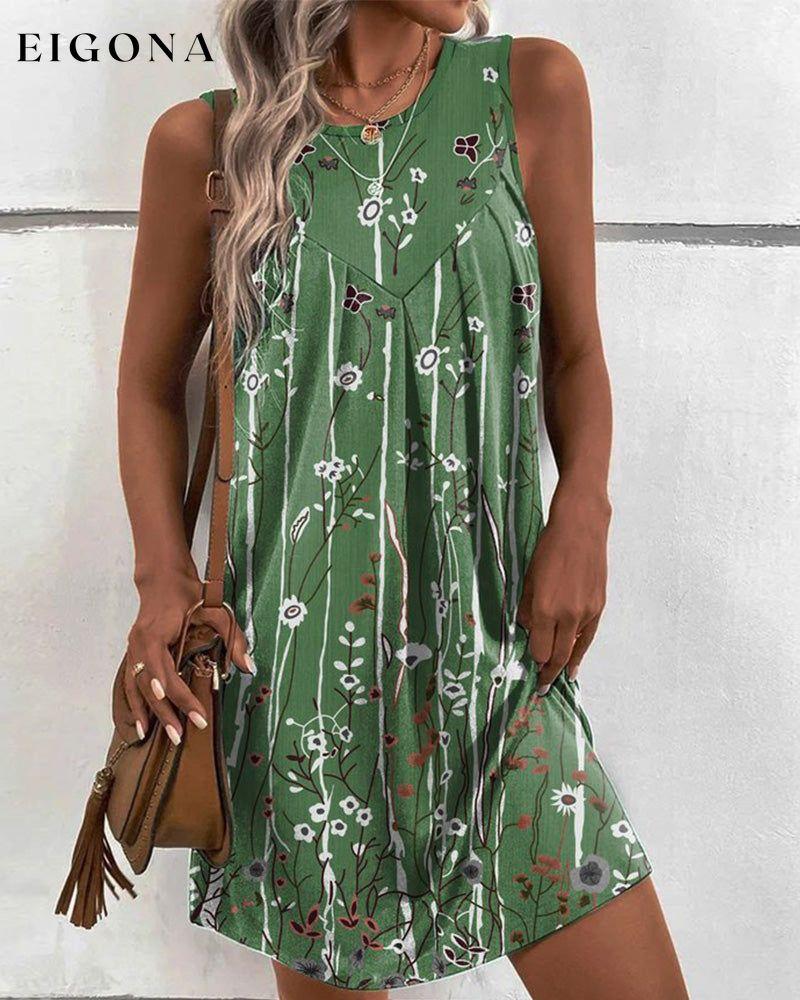 Round neck floral print tank dress Green 23BF Casual Dresses Clothes Cotton and Linen Dresses Summer