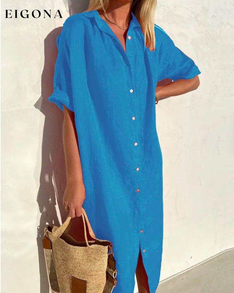 Cotton solid color shirt dress Blue 23BF Casual Dresses Clothes Cotton and Linen Dresses Spring Summer