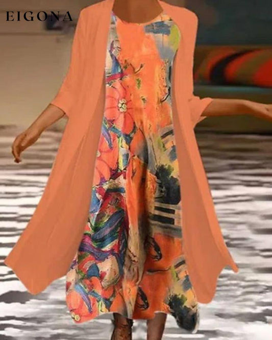 Round Neck floral print two-piece set Orange 23BF Casual Dresses Clothes Dress Dresses Summer Two-piece sets