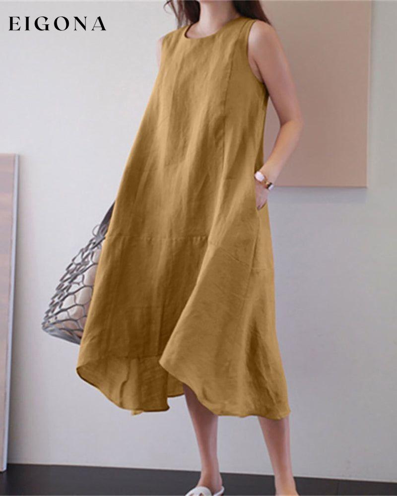 Cotton linen sleeveless solid color dress Yellow 23BF Casual Dresses Clothes Cotton and Linen Dresses Spring Summer