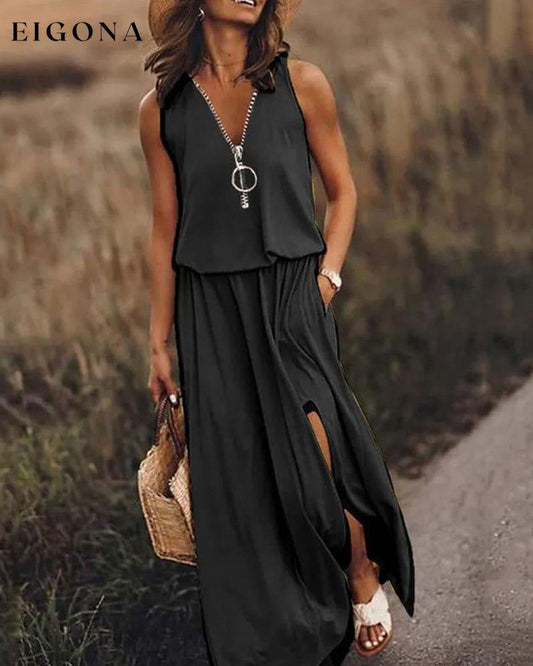 V Neck Zipper Dress Black 23BF Casual Dresses Clothes Dresses Spring Summer Vacation Dresses