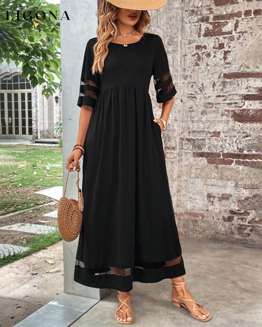 Elegant Mid-Sleeve Casual Crew Neck Dress black 23BF Casual Dresses Clothes Dresses Fall Spring Summer