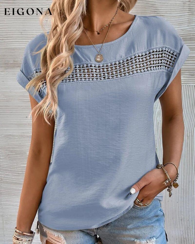Cutout Solid color T-shirt Sky Blue 23BF clothes Short Sleeve Tops Spring Summer T-shirts Tops/Blouses