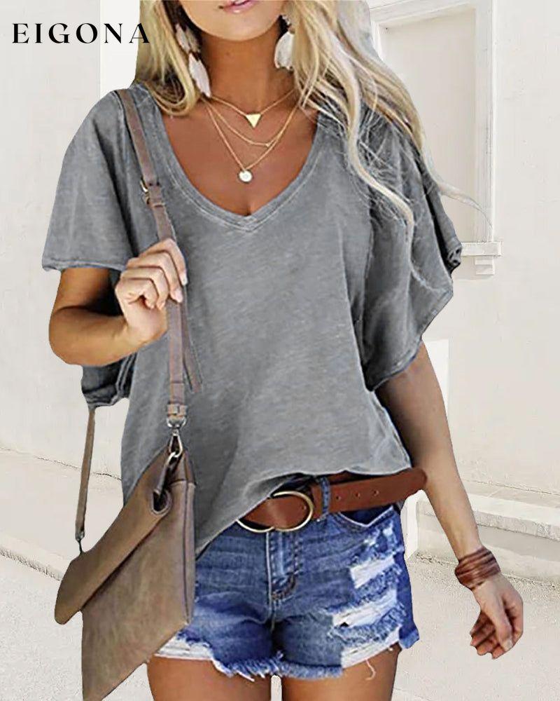 Solid color ruffle sleeve T-shirt Gray 23BF clothes Short Sleeve Tops Spring Summer T-shirts Tops/Blouses