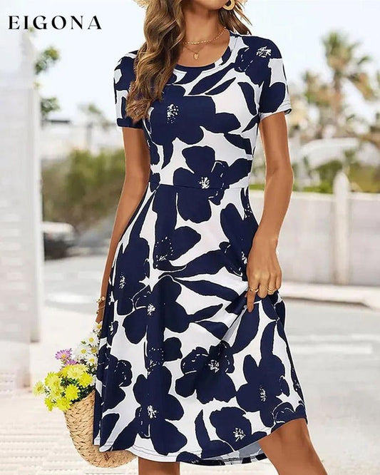 Printed round neck short sleeve dress Dark blue 23BF Casual Dresses Clothes Dresses Spring Summer