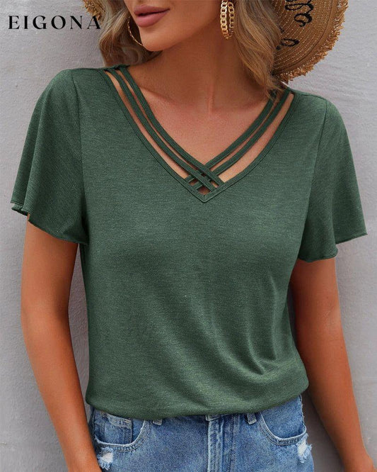 Solid color Cut Out T-shirt Dark green 23BF clothes Short Sleeve Tops Summer T-shirts Tops/Blouses
