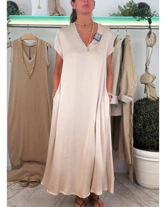 Casual solid color V-neck pocket dress