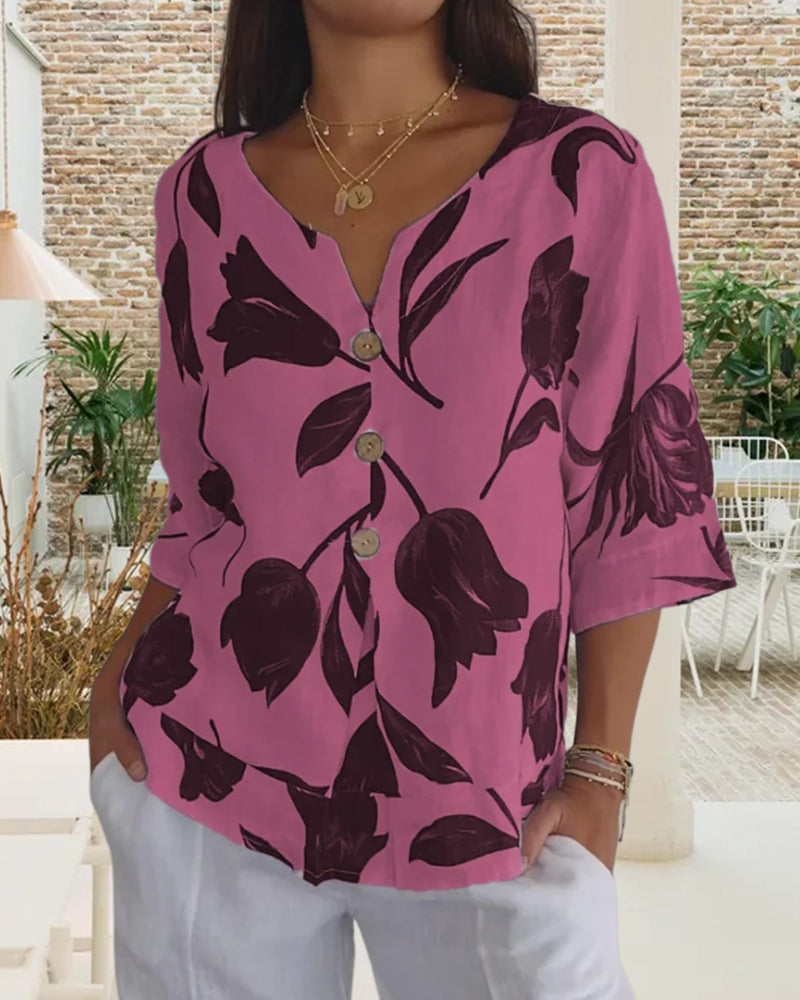 Floral print cotton and linen button-down top