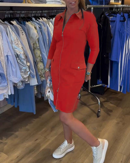Lapel Solid Color Zipper Long Sleeve Dress