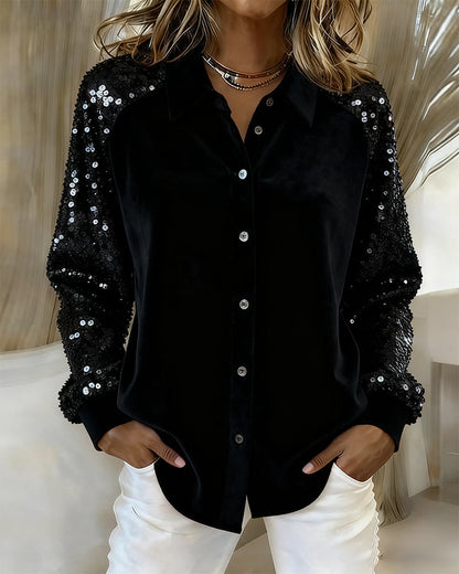 Lapel Sequined Long-Sleeved Shirt