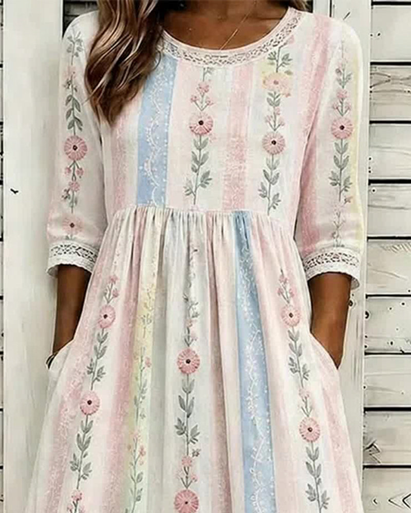 Floral Stripe Color-Block A-Line Dress