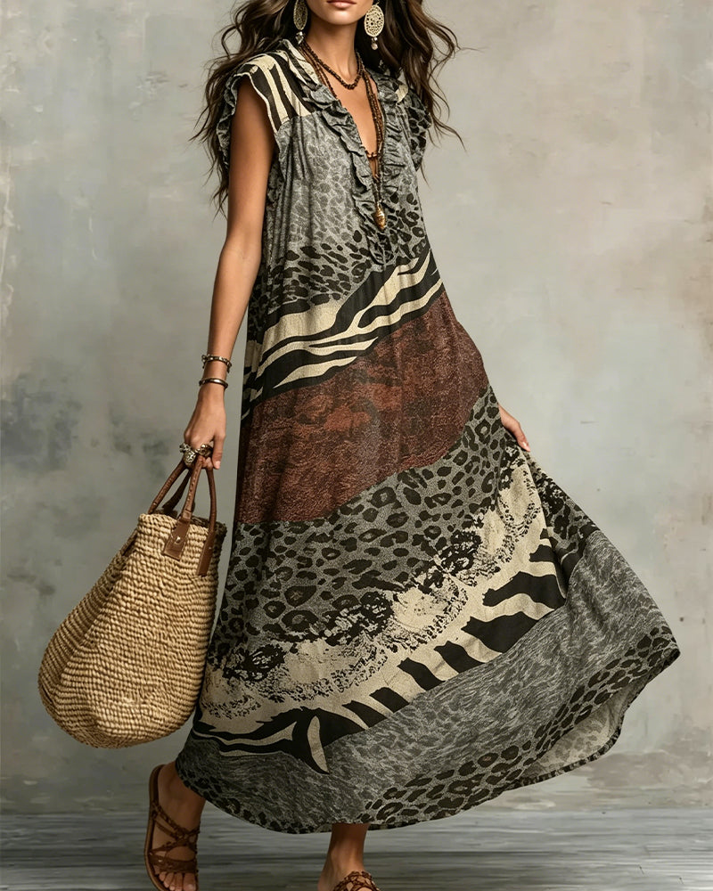 V-Neck Ruffle Pattern Patchwork Dress