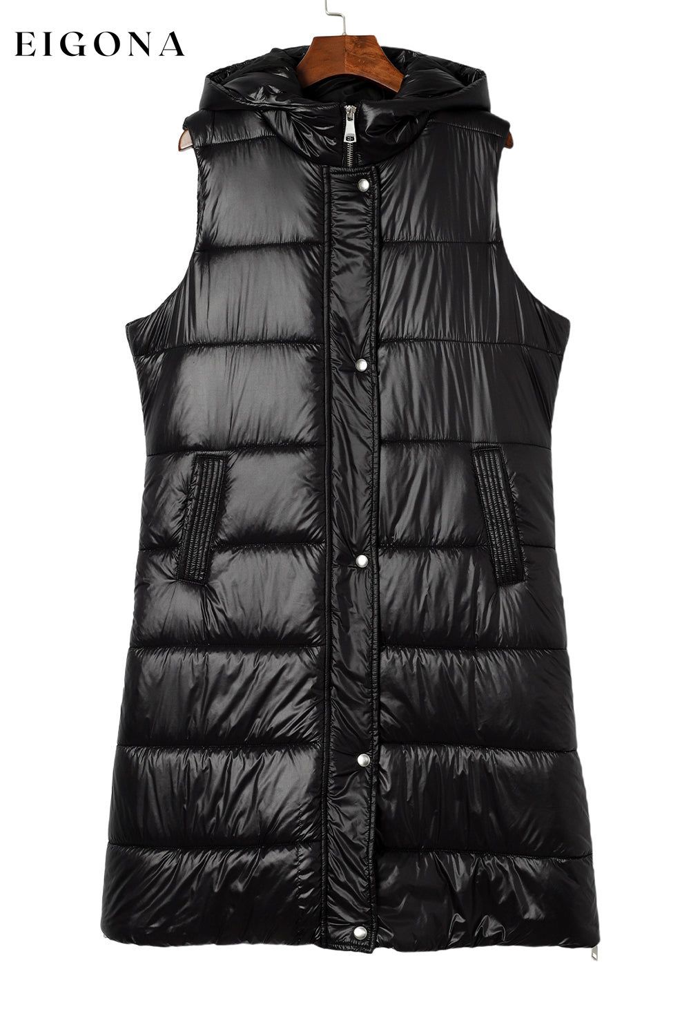 Black Hooded Long Quilted Vest Coat All In Stock Best Sellers clothes Craft Quilted DL Chic DL Exclusive EDM Monthly Recomend EDM Warm Jacket Jackets & Coats long vest Occasion Daily Print Solid Color puffy vest Season Winter Style Casual