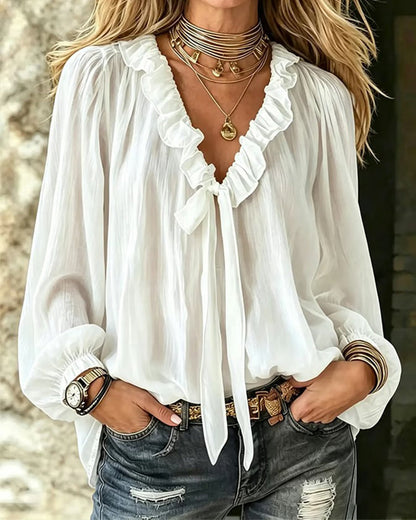 Ruffle Collar Tie Long Sleeve Blouse