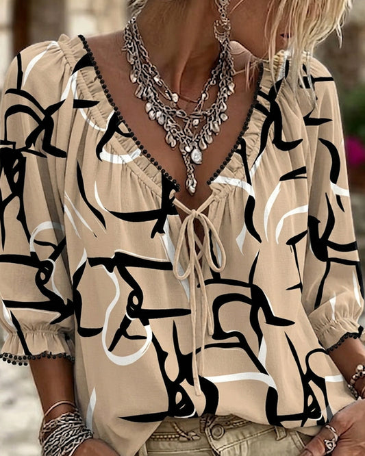 Abstract Print V-Neck Lace-Up Blouse blouses & shirts spring summer