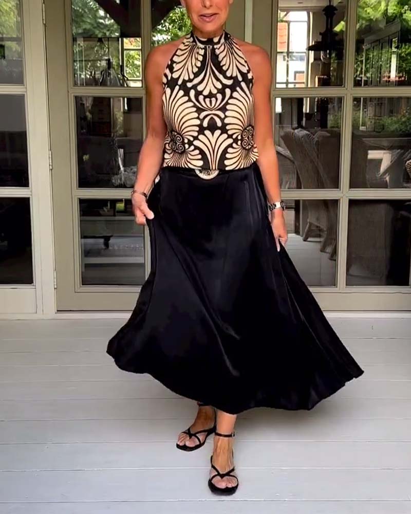 Printed halter neck sleeveless vest solid color skirt retro suit summer two-piece sets