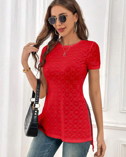 Hollow Short Sleeve Round Neck Slit Top blouses & shirts spring summer