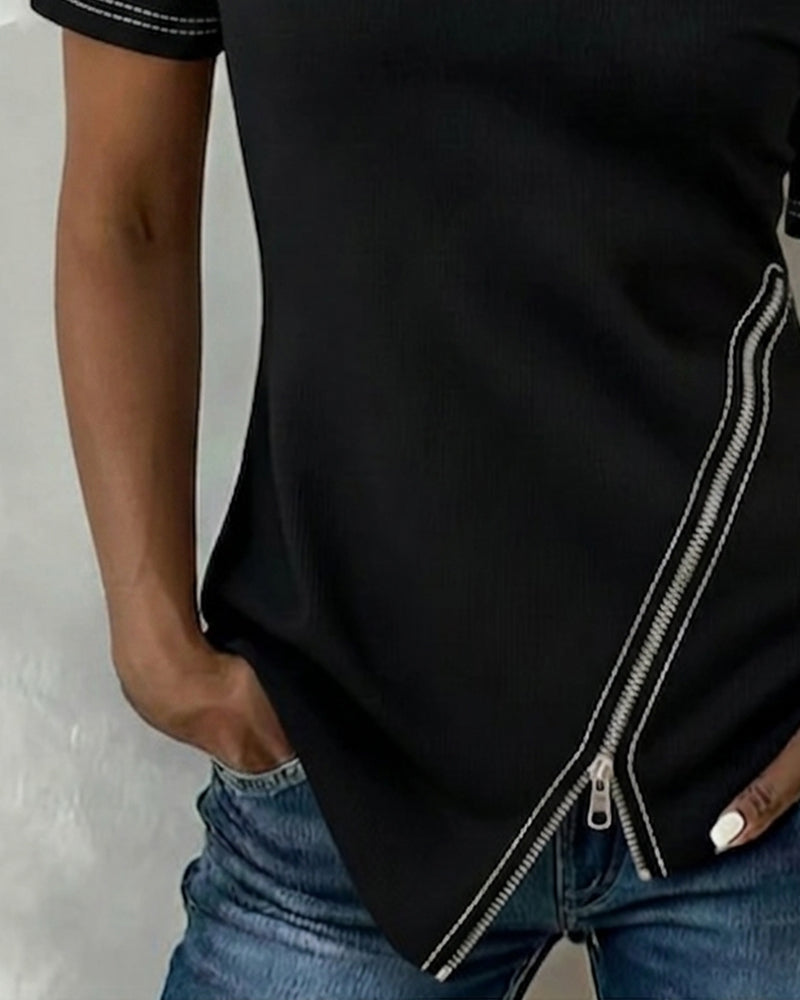 Off-Shoulder Zip Irregular T-Shirt