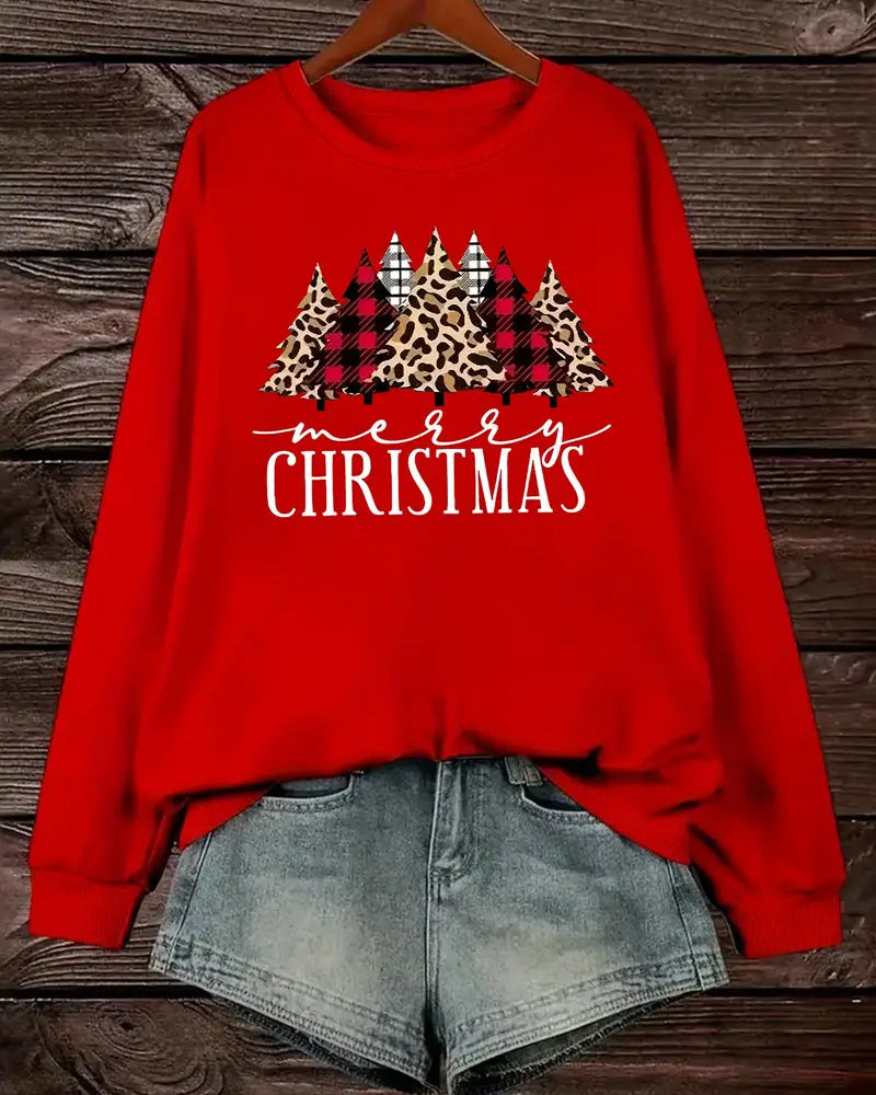 Christmas tree print crew neck sweatshirt