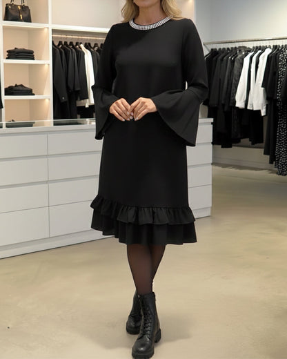 Flare Sleeve Hotfix Rhinestone Straight Dress