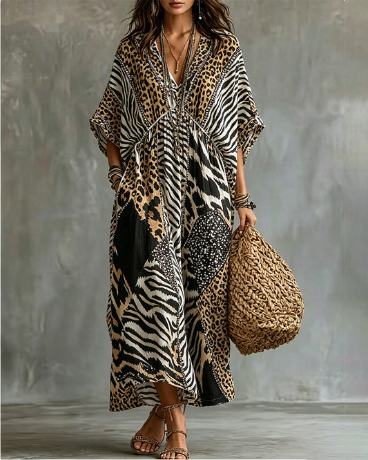 V-Neck Leopard Print Bat Sleeve Dress casual dresses spring summer