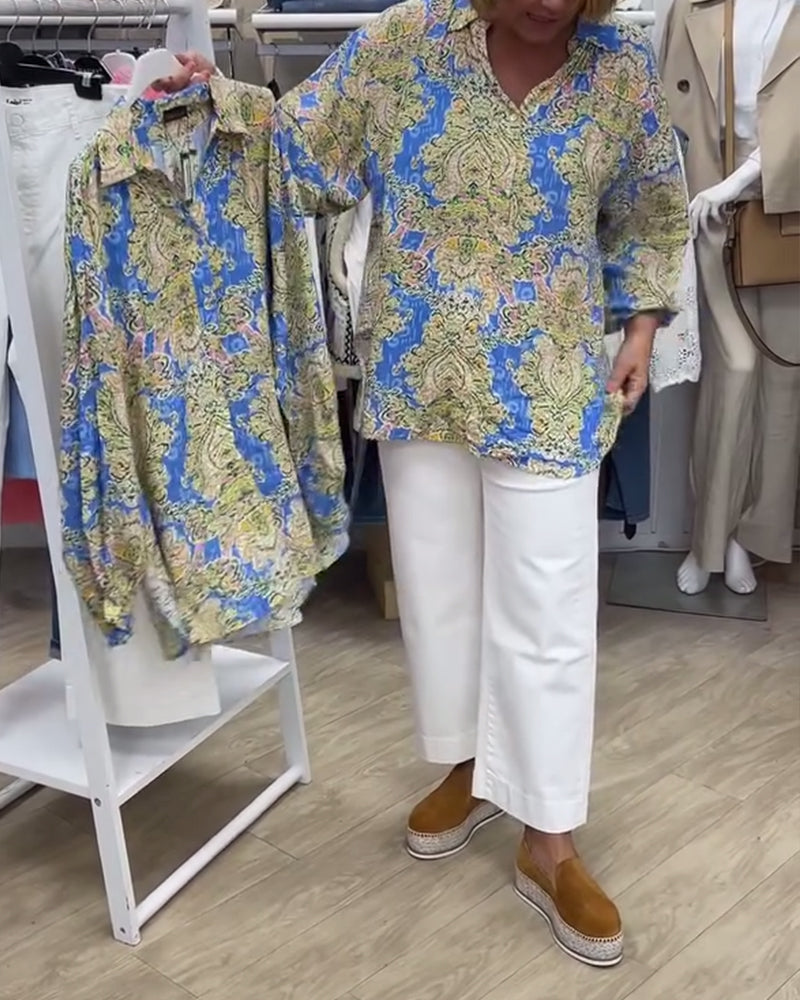 Retro printed lapel long sleeve top blouses & shirts spring summer