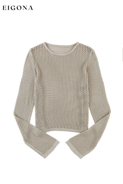 Khaki Hollow-out Knit Long Sleeve Top All In Stock clothes Craft Crochet Early Fall Collection Fabric Ribbed Hot picks long sleeve long sleeve shirts long sleeve top Occasion Vacation Print Solid Color Season Summer Style Casual tops