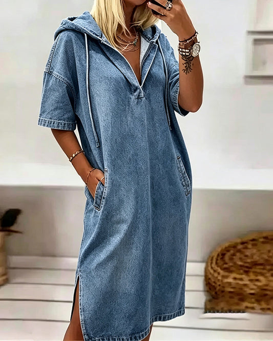 Hooded Lace-Up Denim Casual Dress